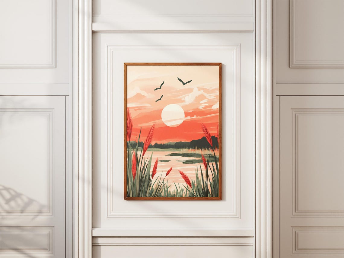 Coral Sunset Over Calm Lake With Reeds And Birds Landscape Poster - Image 2