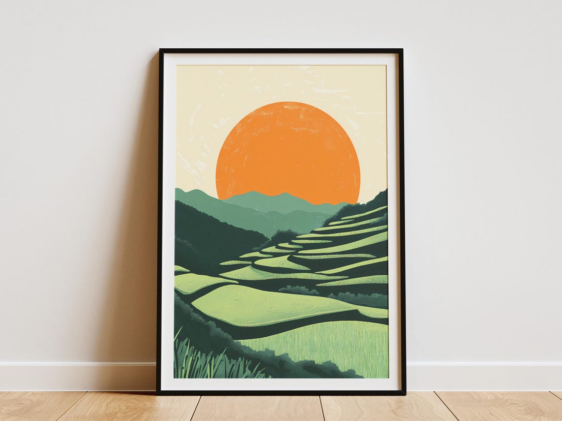 Sunset Over Green Terraced Rice Fields Giant Orange Sun Poster