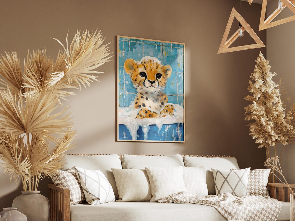 Wide-Eyed Baby Cheetah Cub Sitting in a Foamy Bubble Bath Poster - Image 3