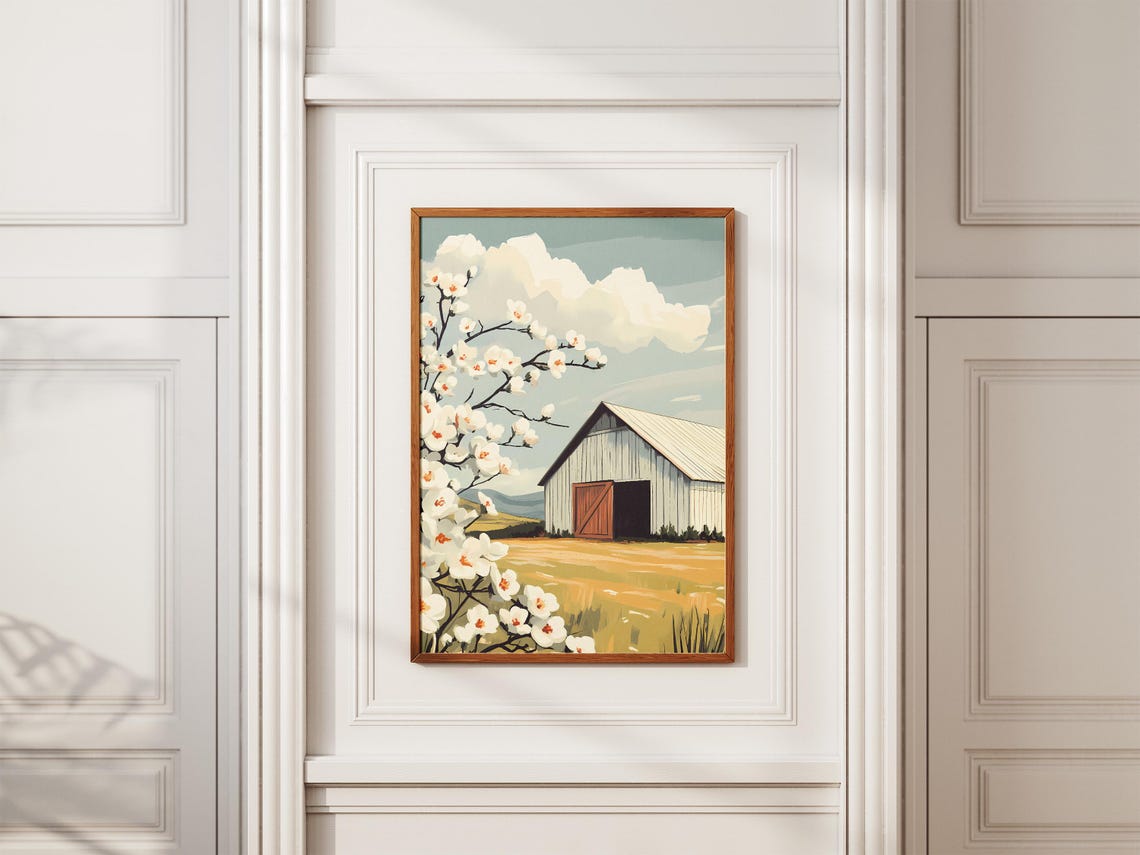 White Barn with Red Door and Blooming Apple Blossom Branches Poster - Image 2