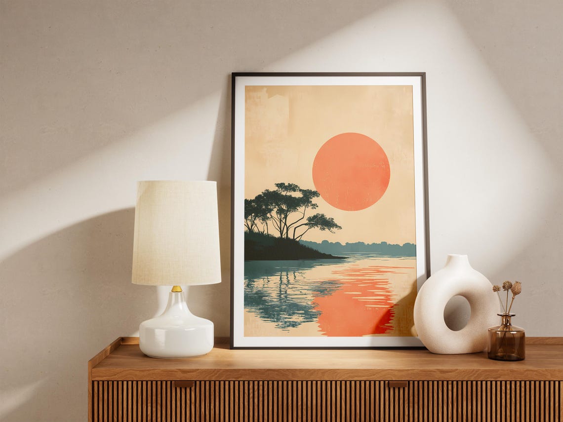 Japanese Sunset Over Water Minimalist Orange Sun Reflection Poster - Image 5