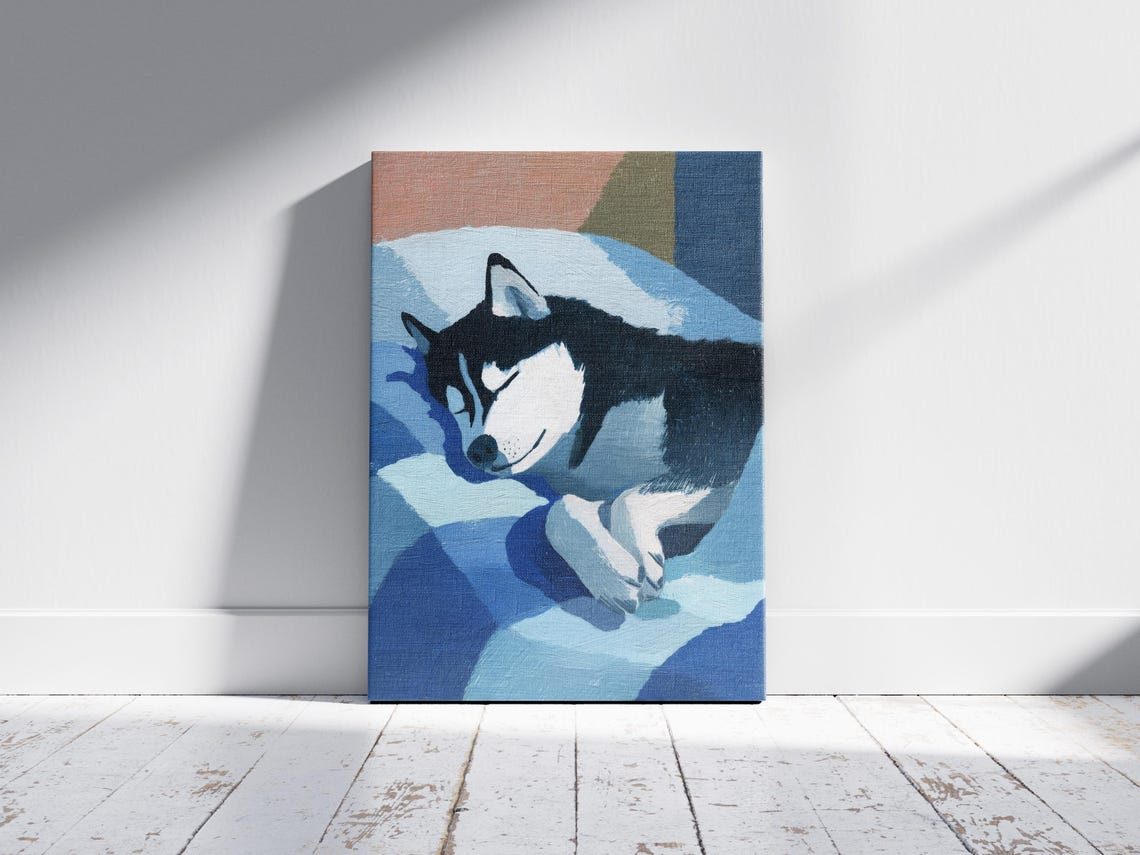 Sleeping Husky Dog on Blue Bedding Matisse Style Modern Poster - Image 2