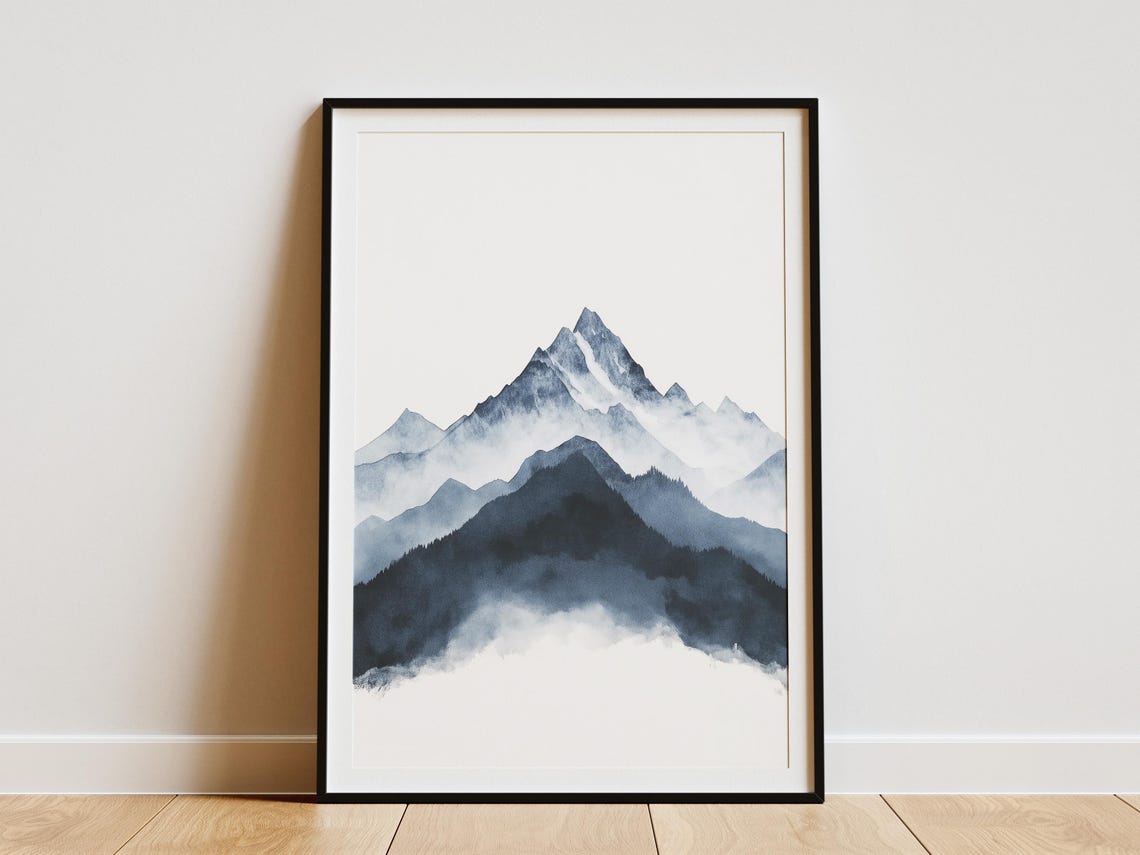 Blue Watercolor Mountain Peak Mist Minimalist Landscape Art Poster
