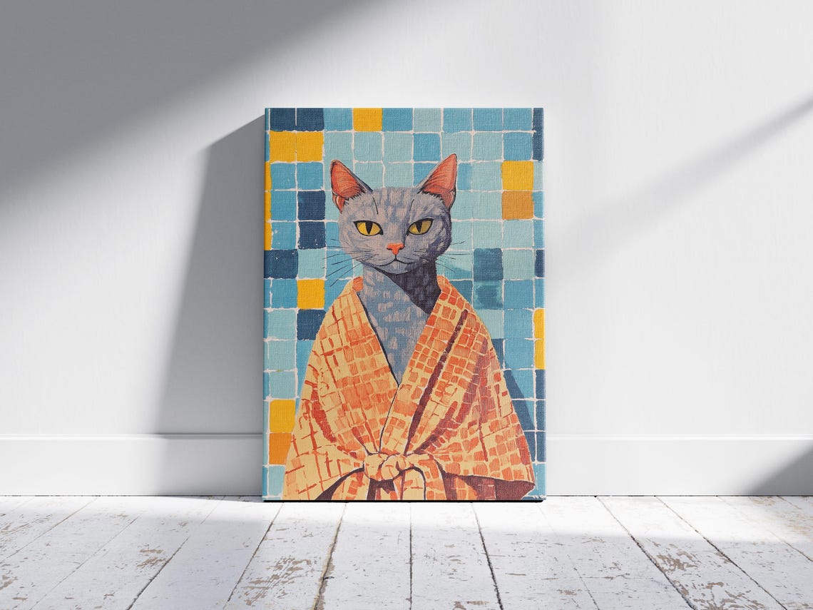 Gray Cat Orange Bathrobe Colorful Mosaic Tile Bathroom Poster - Image 2