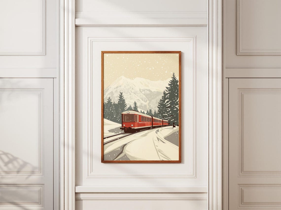 Vintage Red Train Crossing a Snowy Mountain Landscape Travel Poster - Image 2