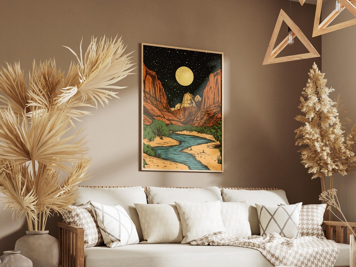 Zion National Park Utah Moonlit Canyon River Starry Night Vintage Art Poster - Image 3