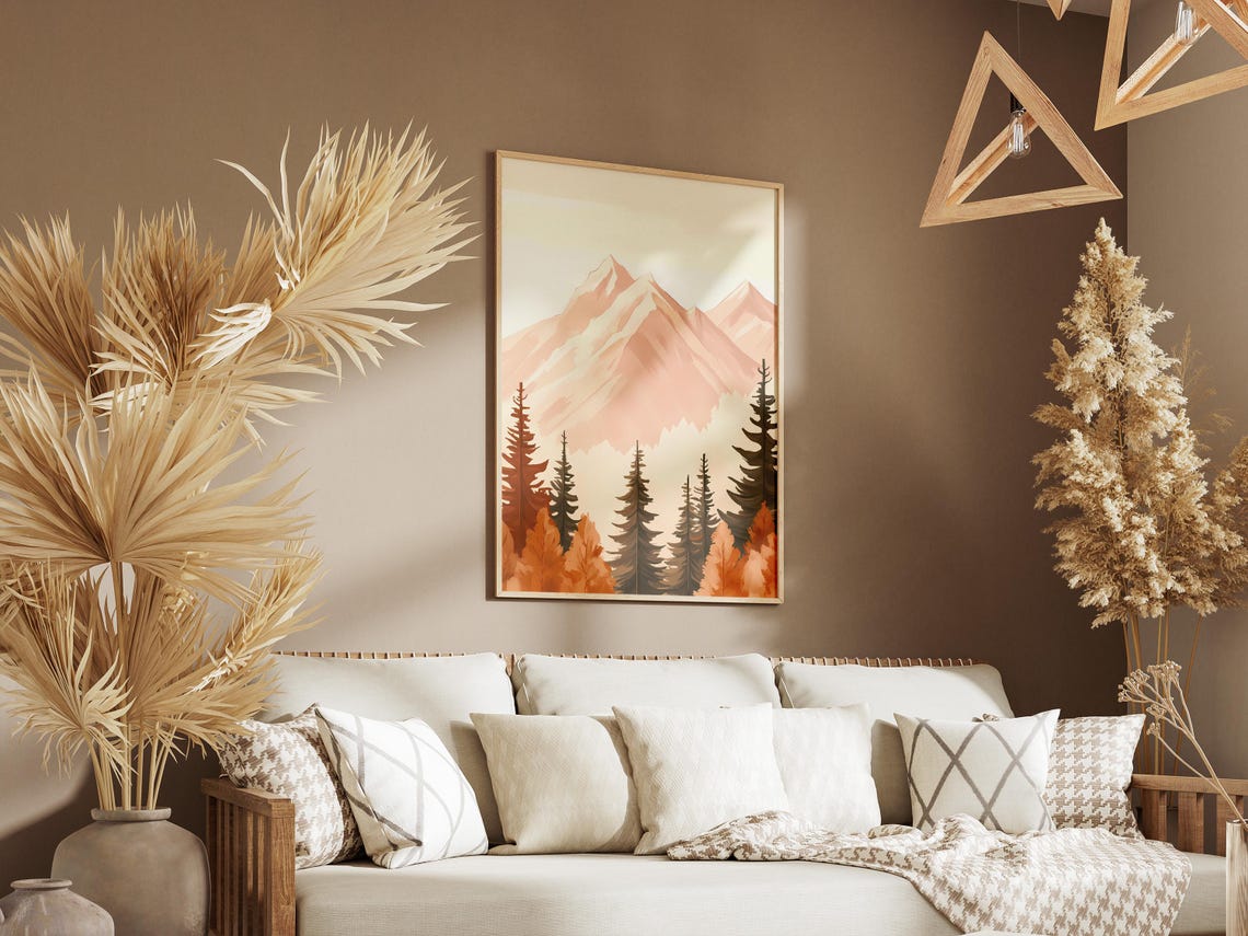 Pastel Pink Mountain Peaks Autumn Pines Minimalist Style Poster - Image 3