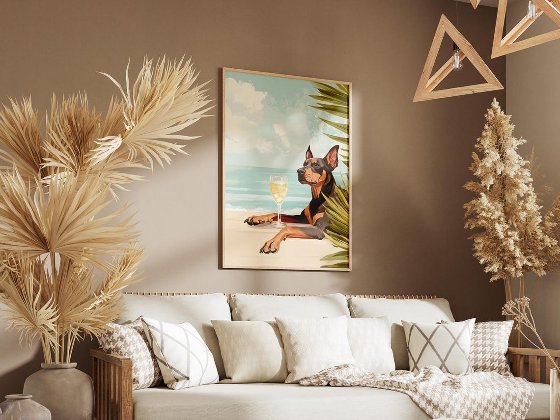 Doberman Pinscher Beach Poster Dog Art Print Summer Dog Coastal Dog Ocean Dog Canine Art Funny Dog Pet Lover Gift Modern Dog Poster - Image 3