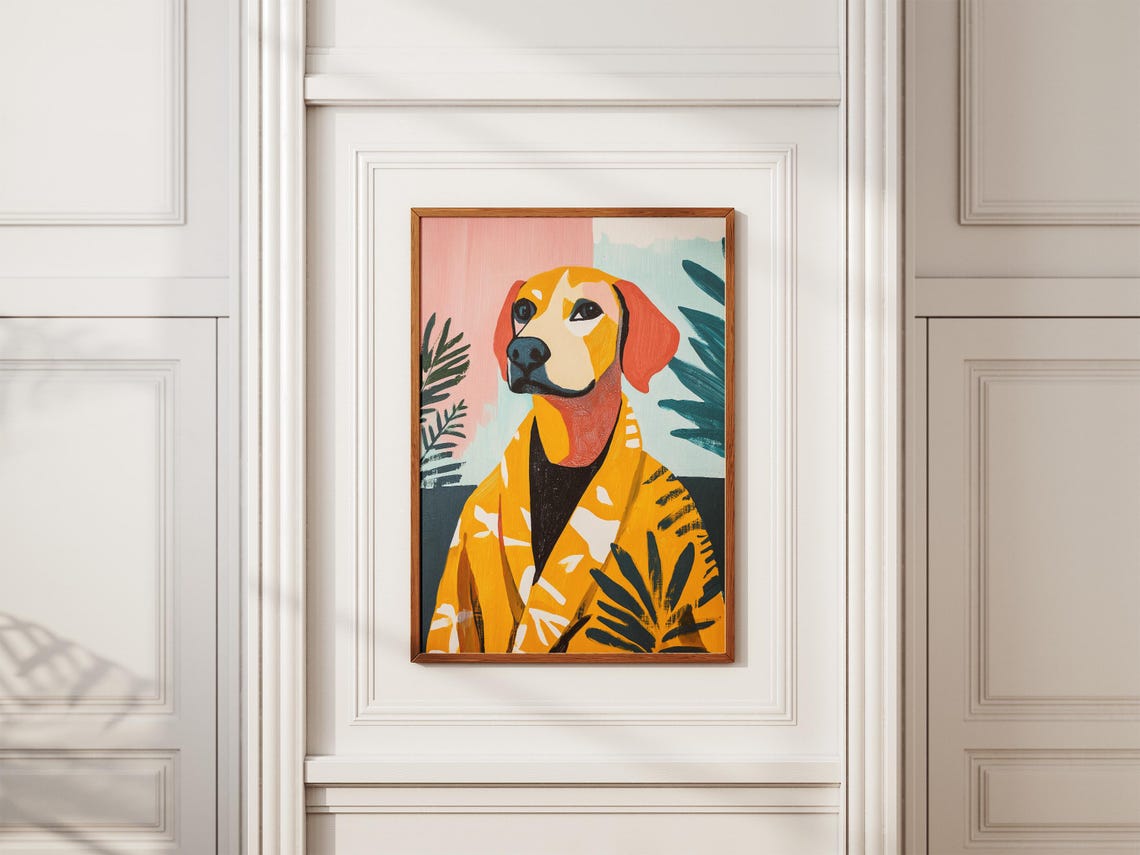 Tan Dog in Yellow Floral Robe Tropical Bathroom Funny Dog Poster - Image 2