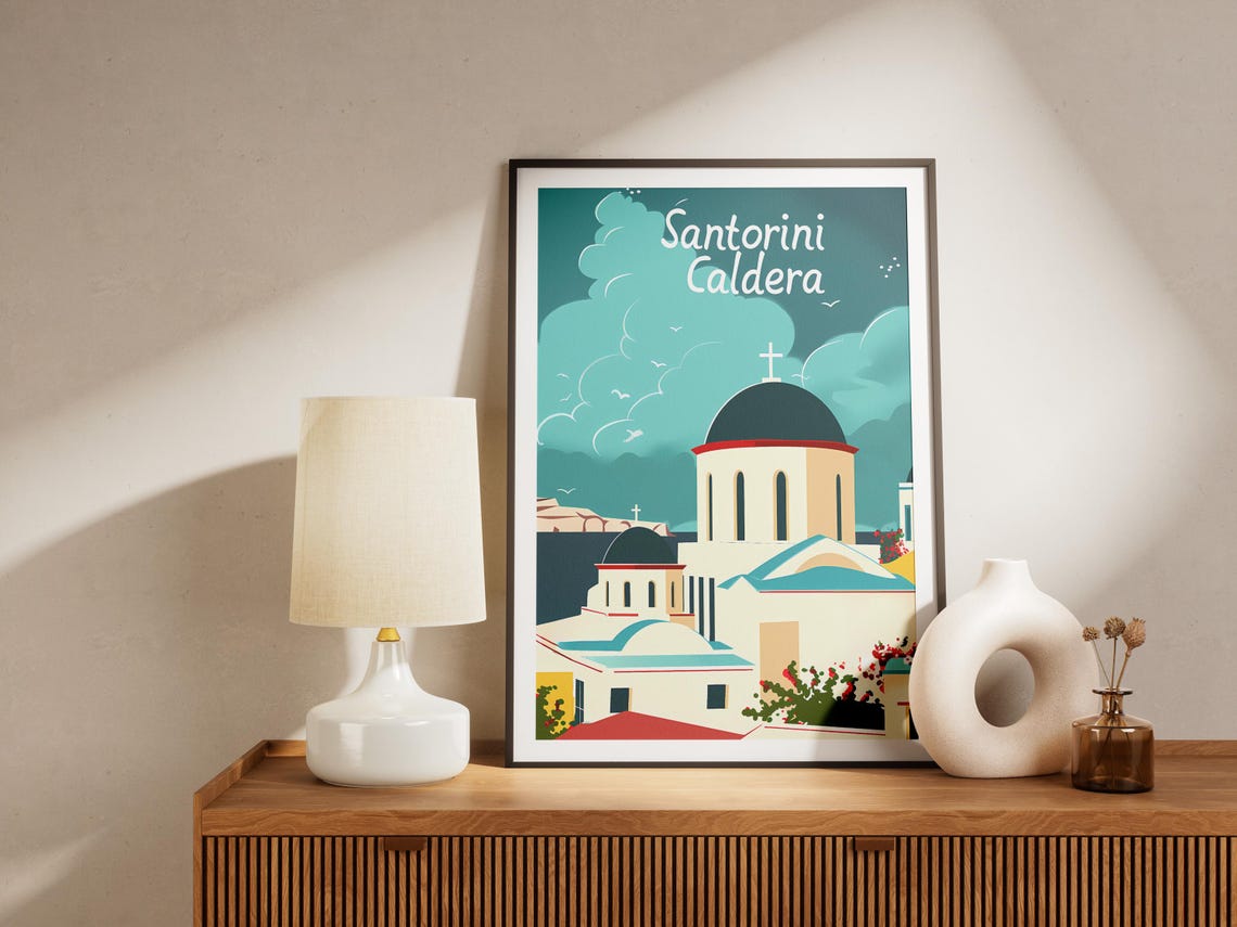 Santorini Caldera White Church Blue Dome Vintage Scenic Poster - Image 2