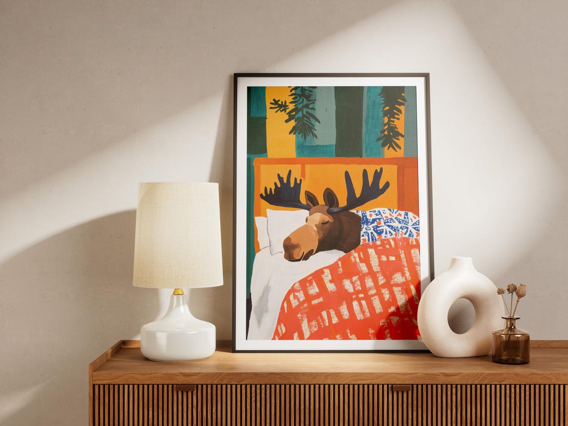 Whimsical Moose Sleeping In Bed, Matisse-Style Art Print - Image 4