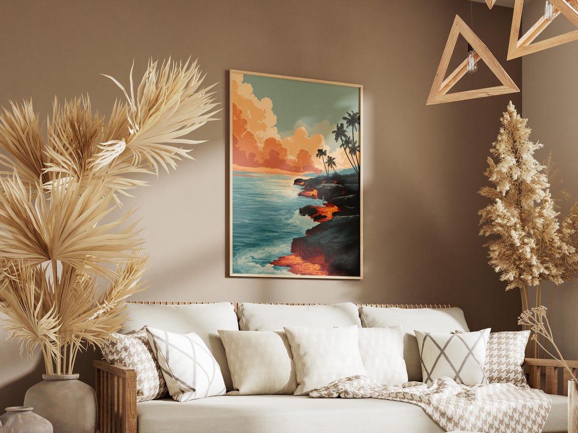 Hawaii Lava Flow Meeting Ocean Palms Vintage Travel Style Poster - Image 3