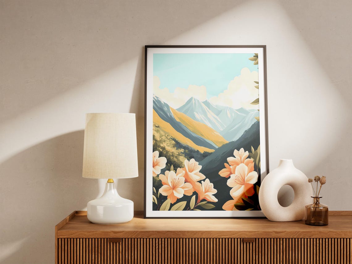 Peach Azalea Blossoms Blooming Before Snowy Mountain Peaks Poster - Image 5