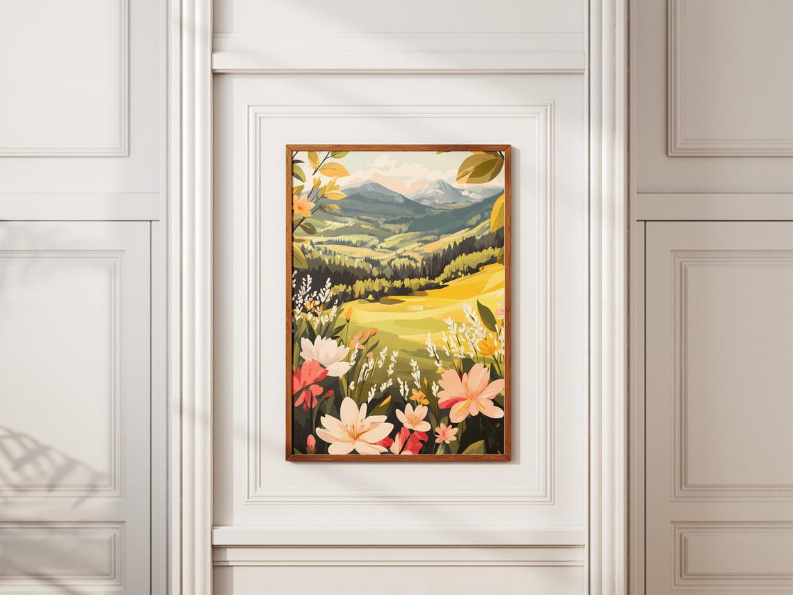Wildflower Meadow Framed by Lilies Over a Green Valley Poster - Image 2