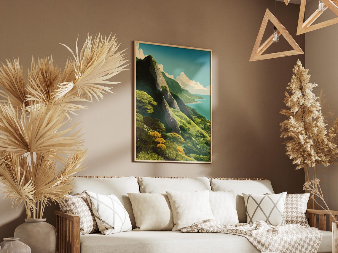 Pali Lookout Hawaii Green Cliff Coastline Vintage Travel Art Poster - Image 3