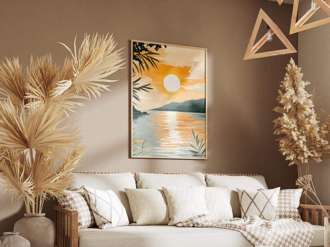 Sunset Lake Golden Sun Reflection Palm Leaves Hills Minimal Art Poster - Image 3
