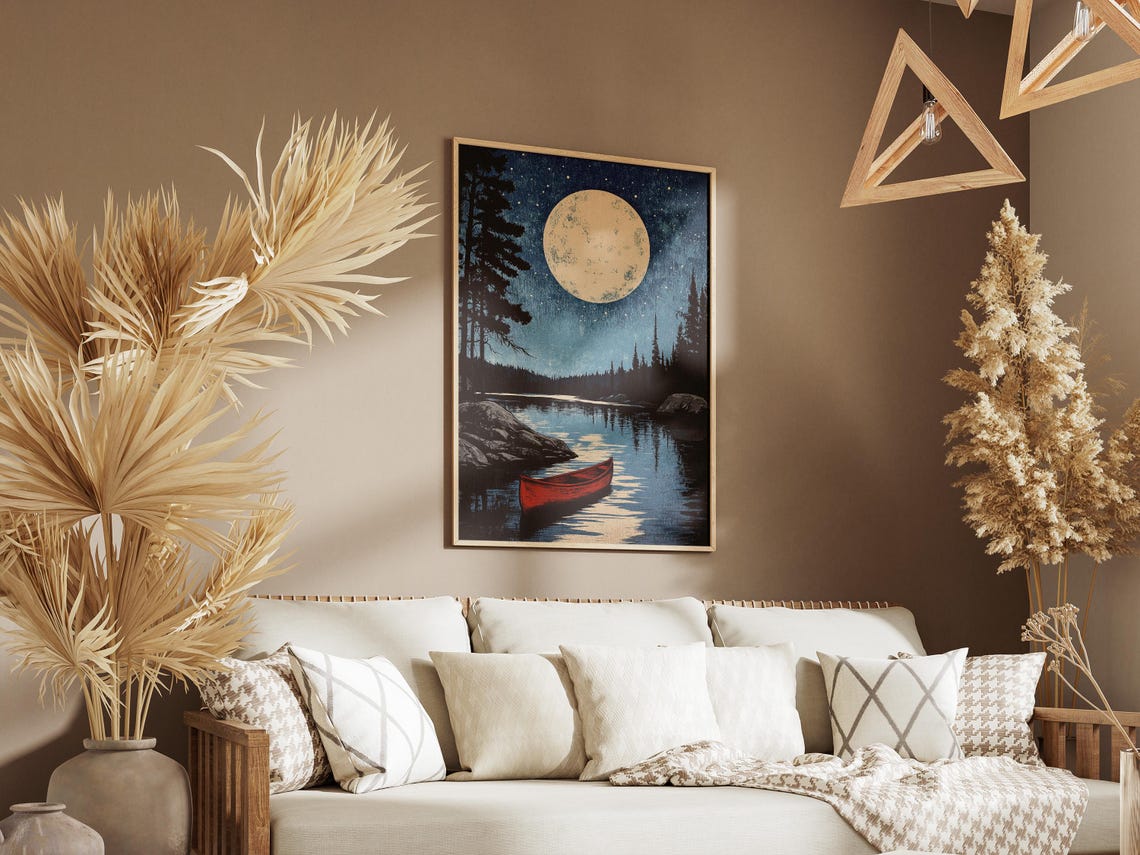 Voyageurs Red Canoe Under Full Moon Pine Lake Night Art Poster - Image 3