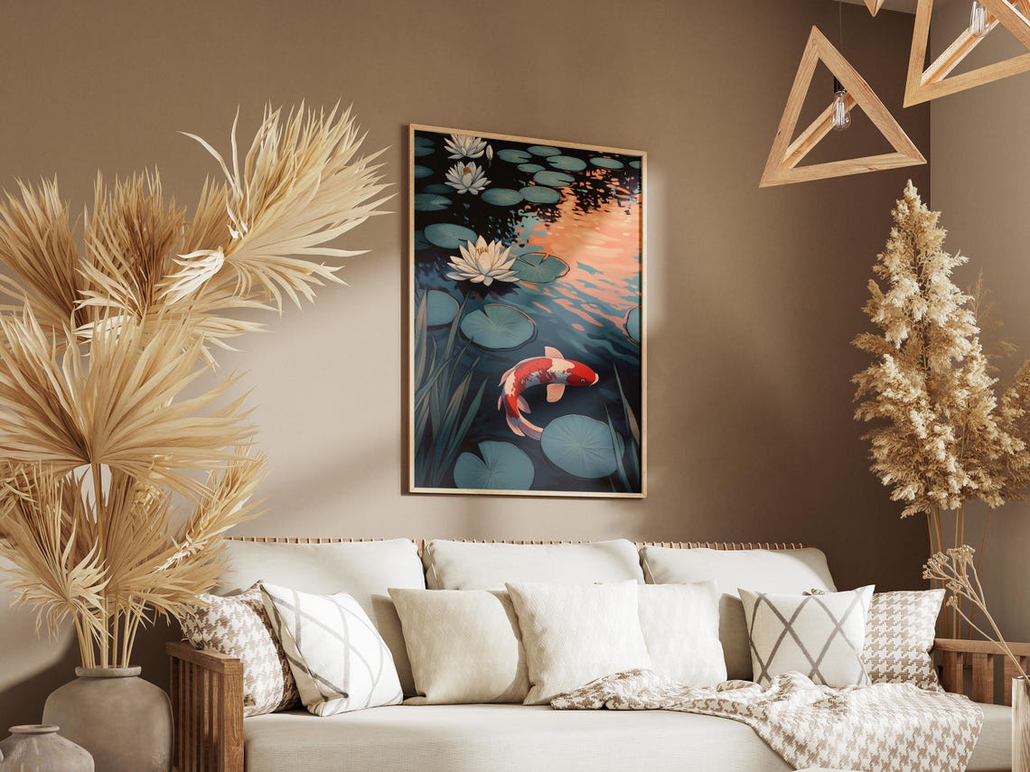 Red Koi Fish and Lotus Flowers Pond Japanese Sunset Art Poster - Image 3