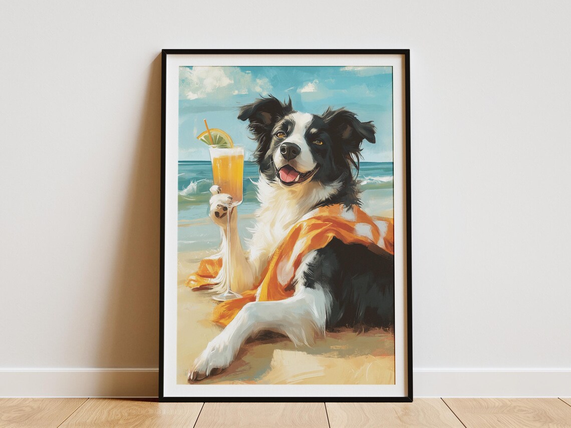 Beach Dog Poster Border Collie Cocktail Print Summer Dog Art Funny Dog Canine Art Pet Lover Gift Modern Dog Print Coastal Animal Decor