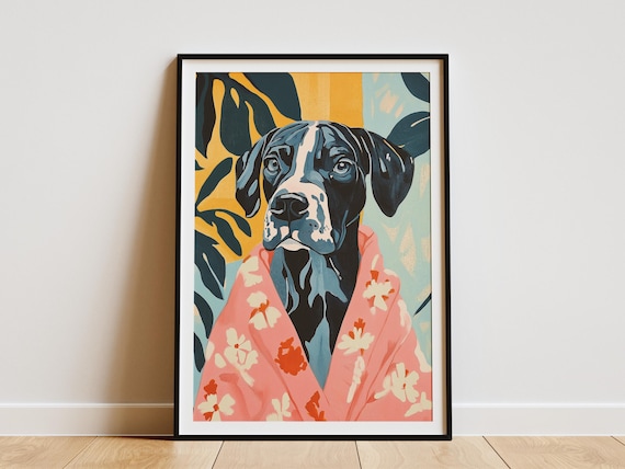 Great Dane In Pink Floral Robe Poster Funny Dog Portrait For Home Decor
