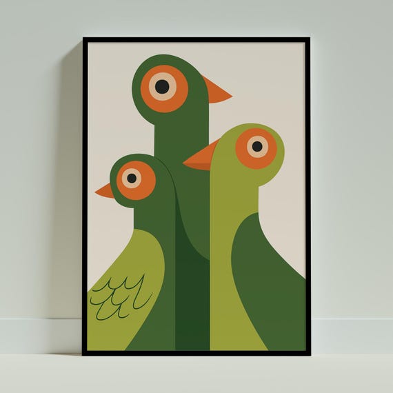 Mid Century Modern Abstract Bird Print Bohemian Eclectic Wall Art Minimalist Animal Decor Green Birds Illustration