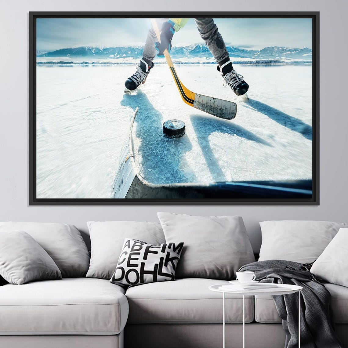 Ice Hockey Player Frozen Lake Action Shot Mountain View Poster
