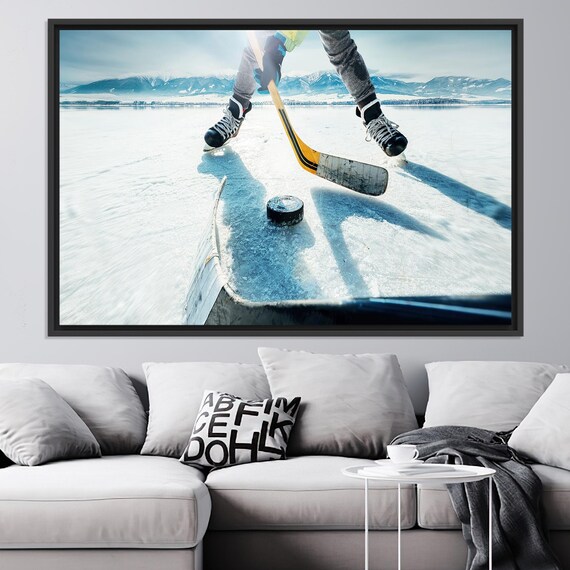 Ice Hockey Player Frozen Lake Action Shot Mountain View Poster