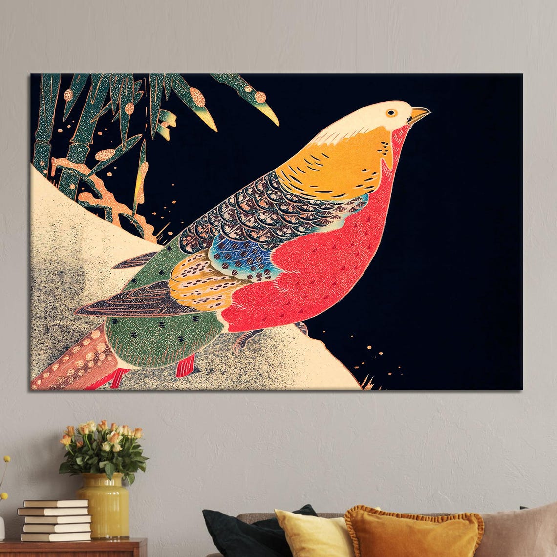 Golden Pheasant Japanese Woodblock Style Colorful Bird Art Poster