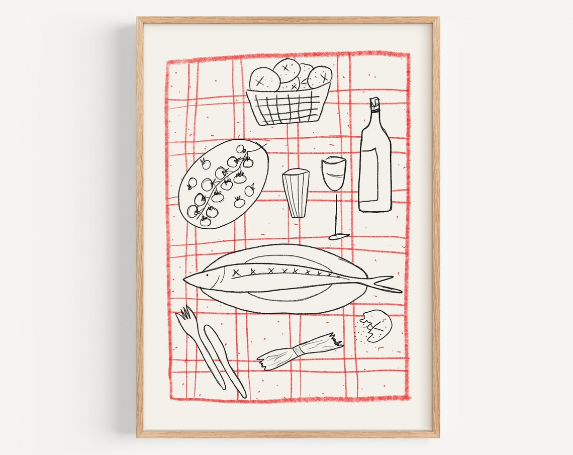 Rustic Hand Drawn Picnic Feast Table Sketch Illustration Poster