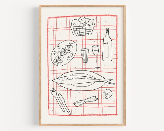 Dinner Party Art Print Retro Hand Drawn Food Illustration Maximalist Kitchen Decor Trendy Mediterranean Fish Seafood And Wine Print