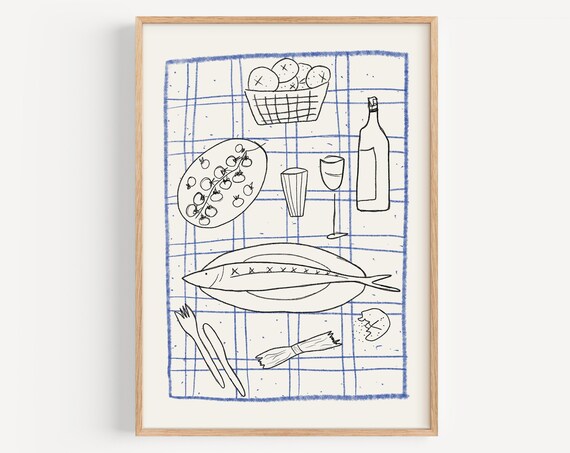Dinner Party Art Print Retro Hand Drawn Food Illustration Maximalist Kitchen Decor Trendy Blue Mediterranean Fish Seafood And Wine Print