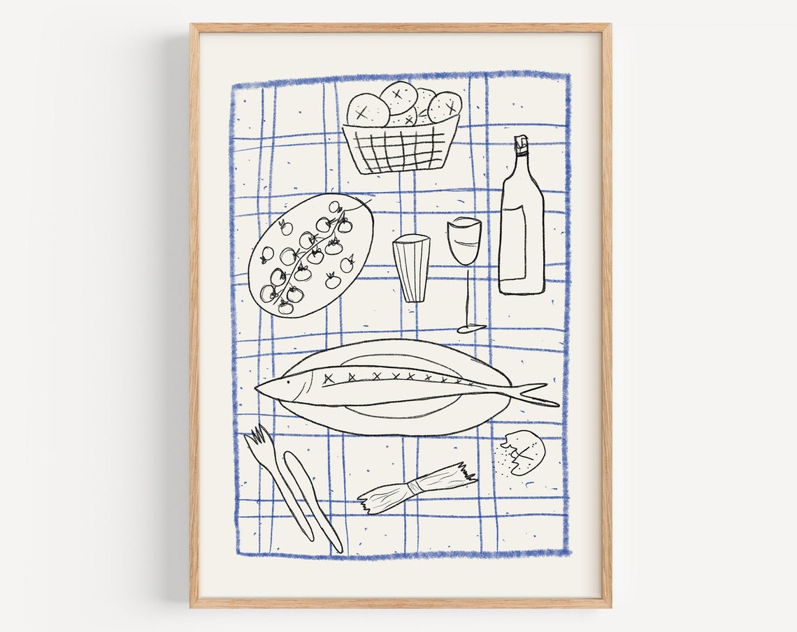 Dinner Party Hand Drawn Fish Wine Bread Blue Kitchen Art Poster