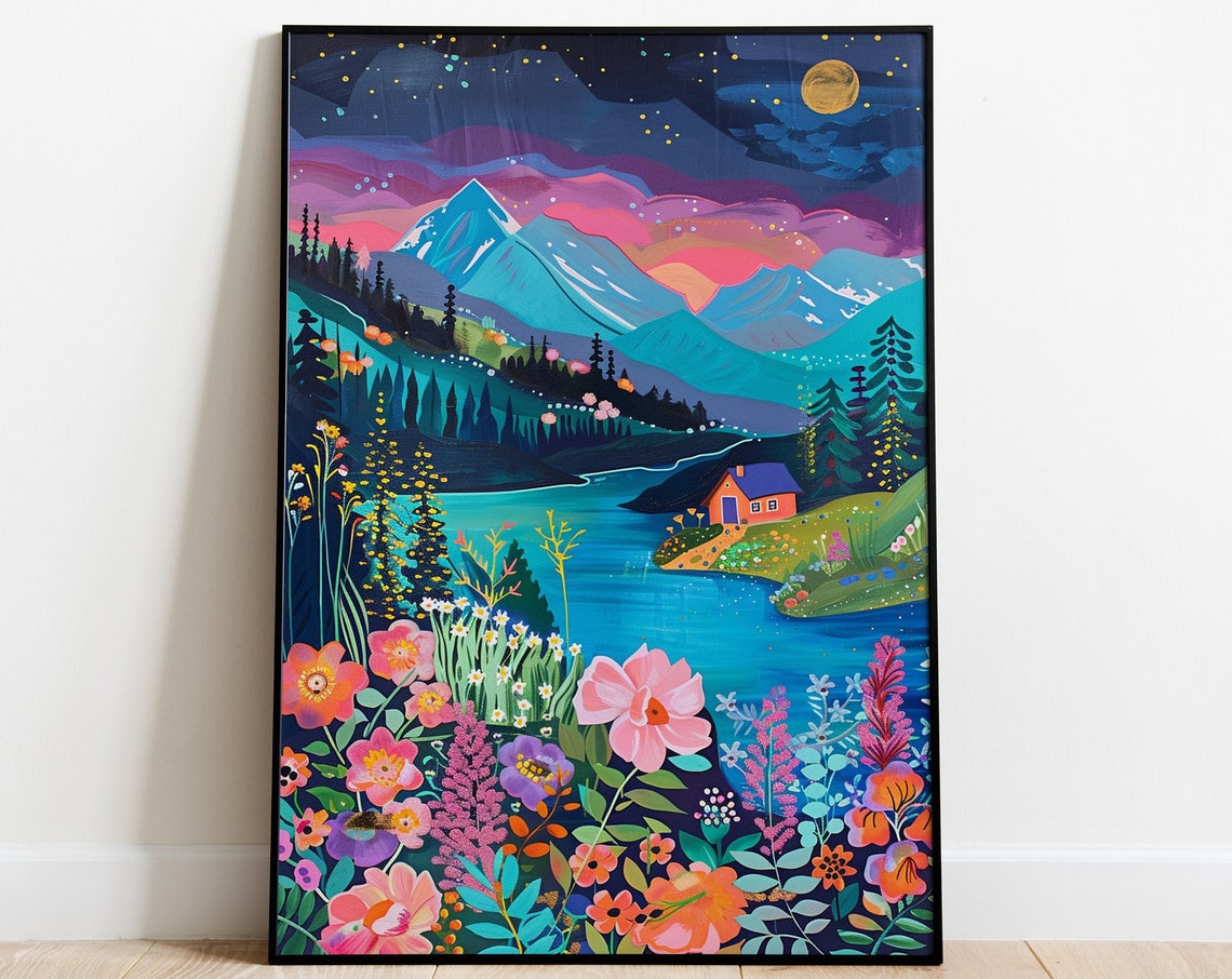 Starry Night Mountain Lake Cabin Maximalist Floral Garden Poster