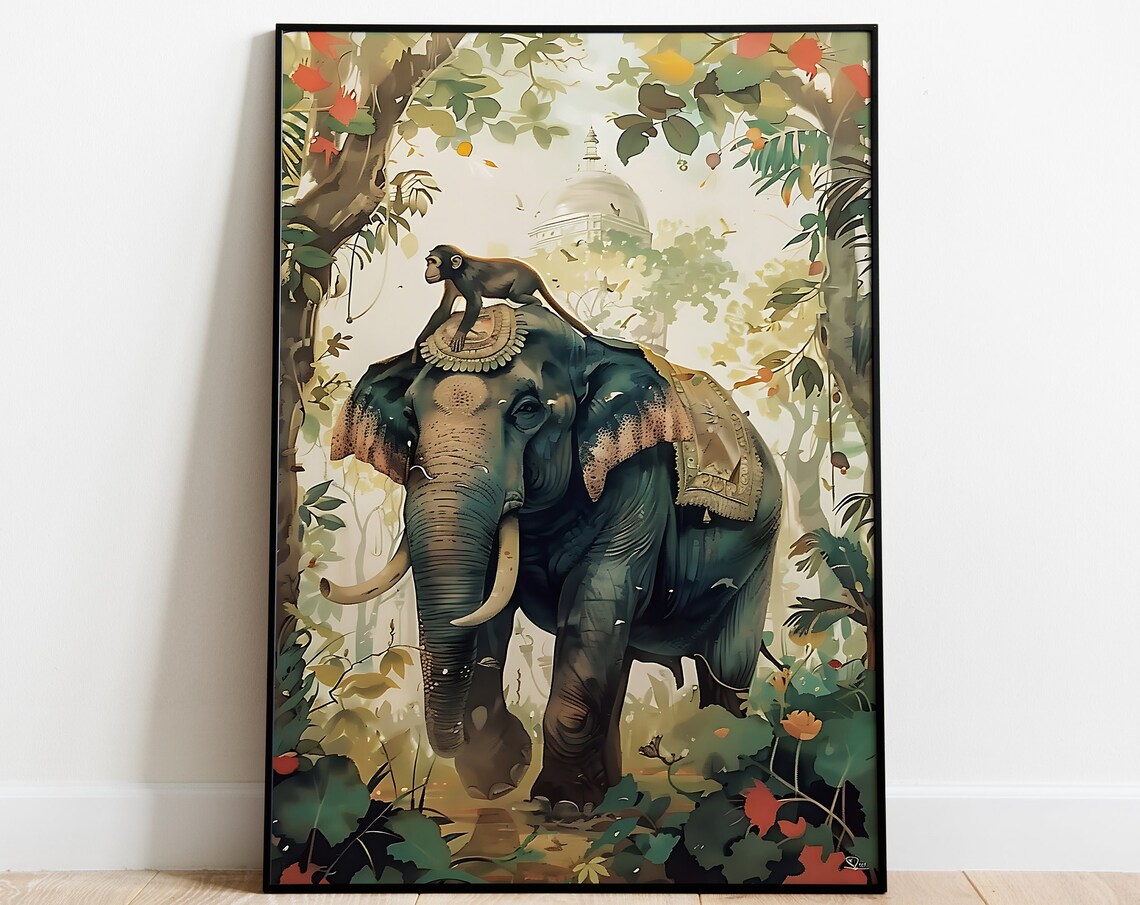 Indian Royal Art Elephant Monkey Vintage Palace Art Print