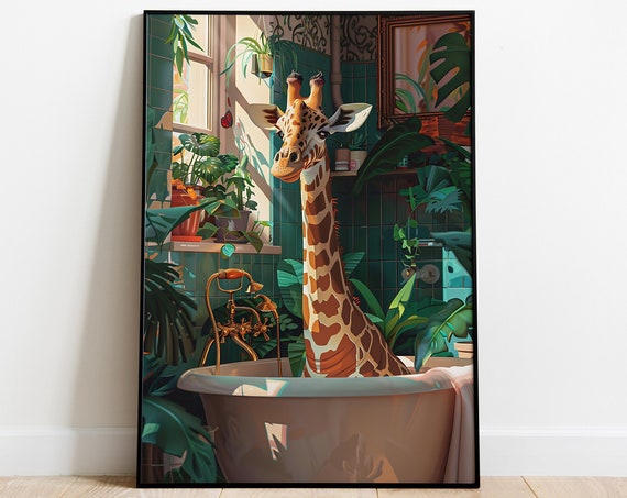 Giraffe Relaxing In A Bathtub Inside A Lush Tropical Bathroom Jungle Poster