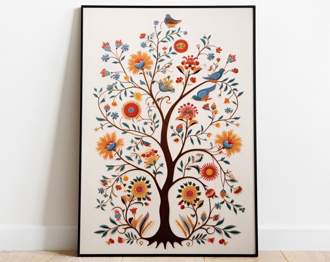 Folk Art Tree Of Life Blue Birds Orange Flowers Cream Wall Poster