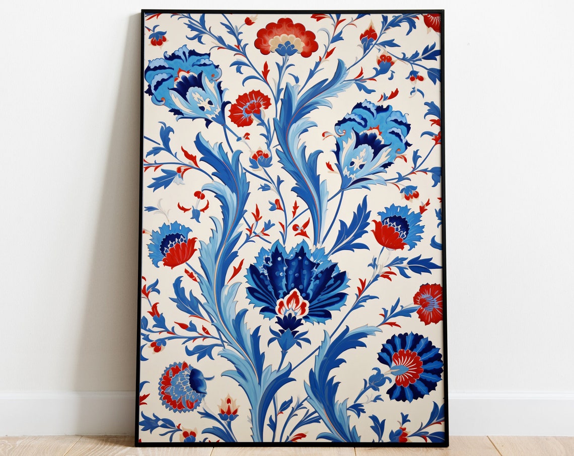Blue and Red Turkish Ottoman Floral Tile Pattern Vintage Poster