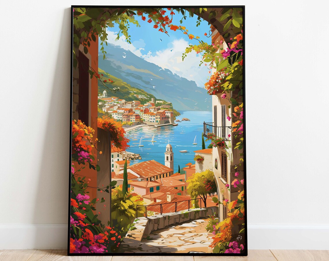 Amalfi Coast Harbor Village Terrace Sea View Flowers Art Poster