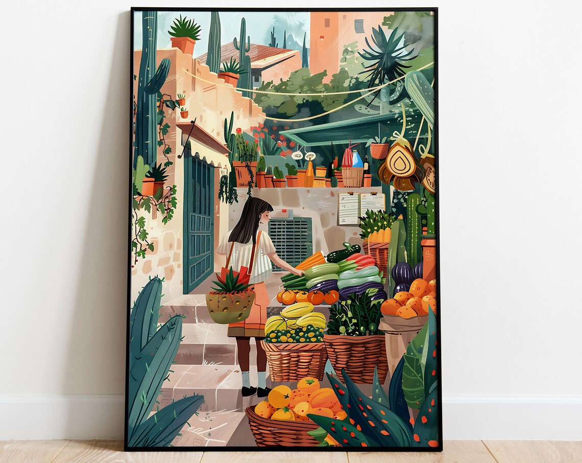 Mexican Market Girl Produce Baskets Sunny Adobe Street Art Poster
