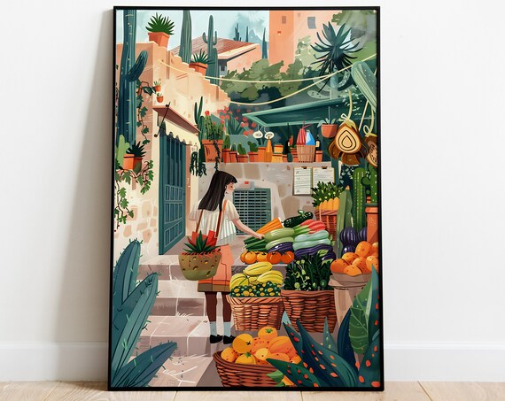 Mexican Market Girl Produce Baskets Sunny Adobe Street Art Poster