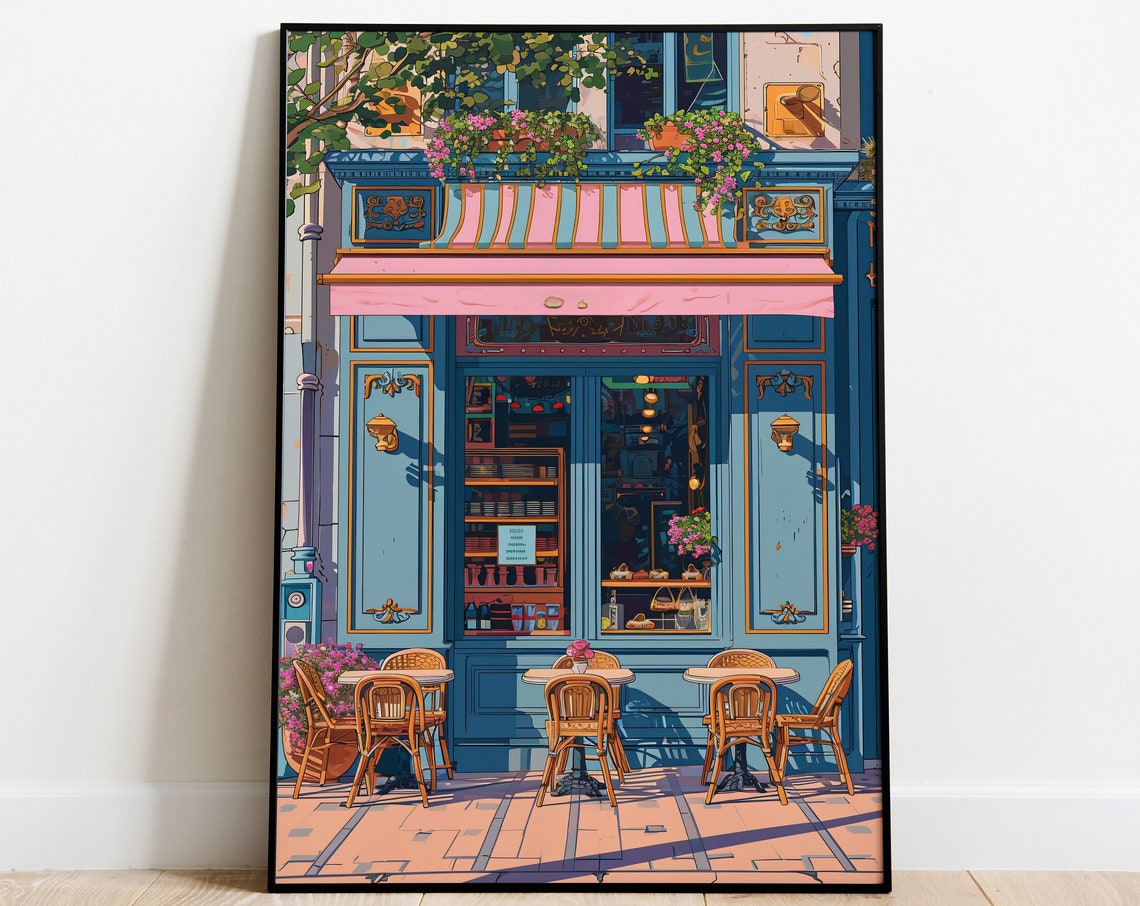 Parisian Cafe Storefront Painting Blue Facade Pink Awning Poster