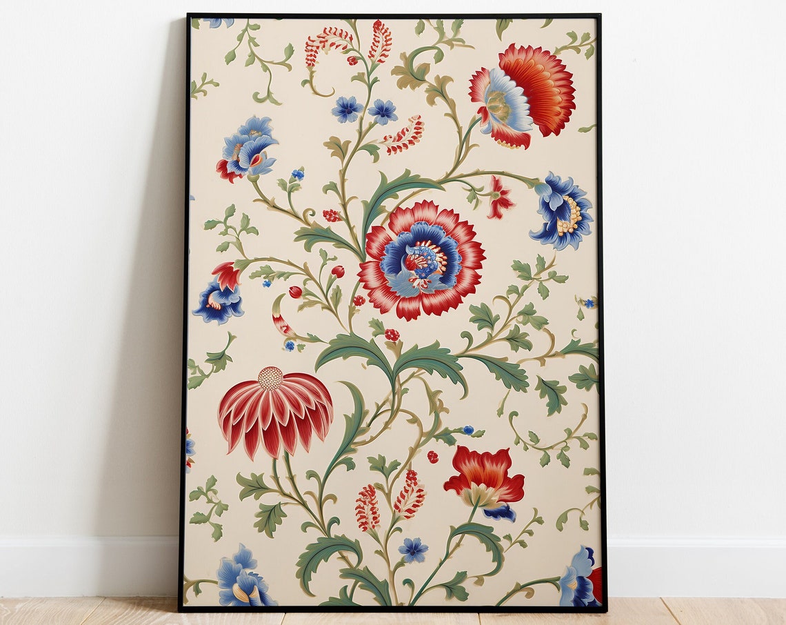 Mughal Floral Vine Pattern in Red Blue and Cream on Ivory Poster