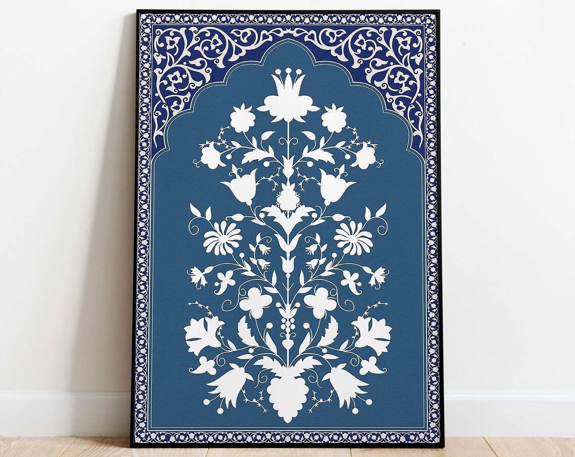 Teal Blue Mughal Floral Arch Indian Palace Decor Motif Art Print