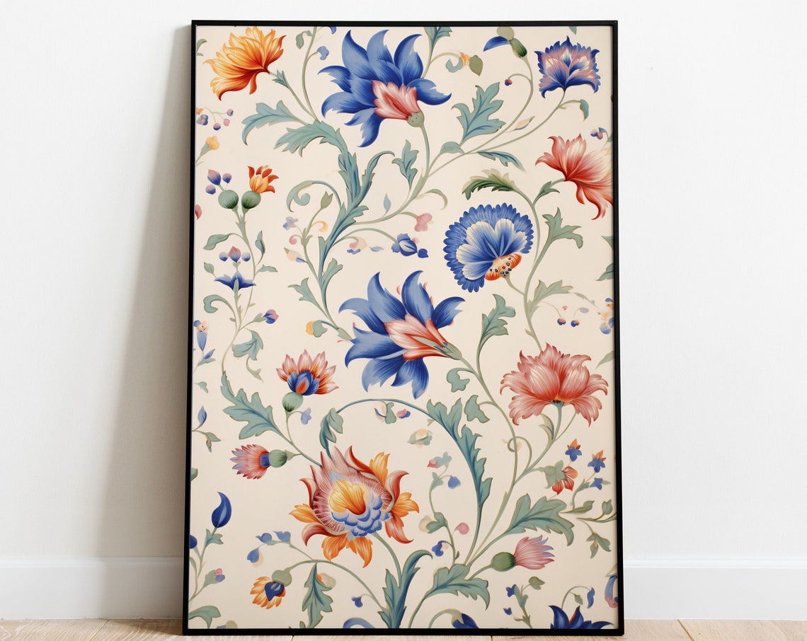 Mughal Floral Pattern in Blue Orange and Pink on Cream Poster