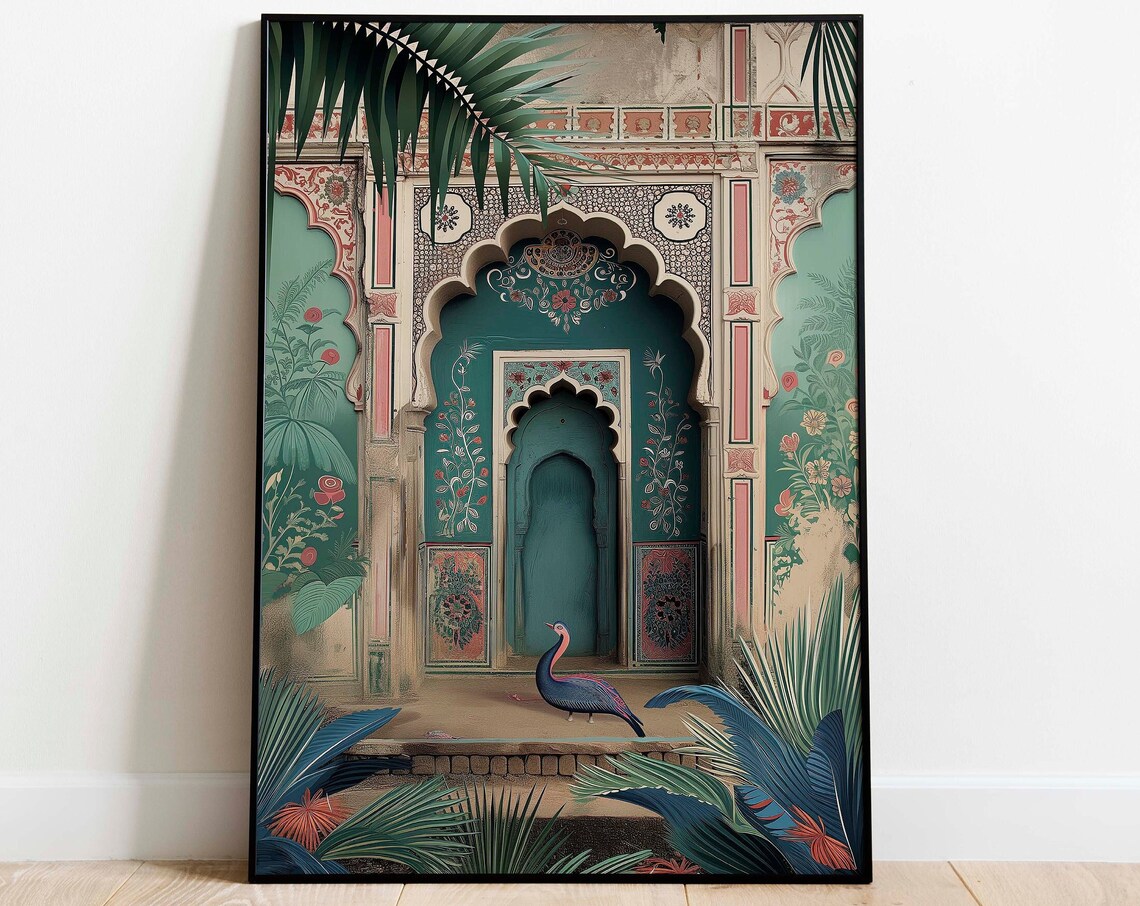 Indian Palace Teal Doorway Peacock Palms Vintage Travel Art Poster