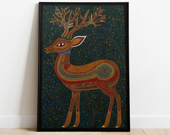 Indian Deer Gond Painting, Vintage Folk Art Print
