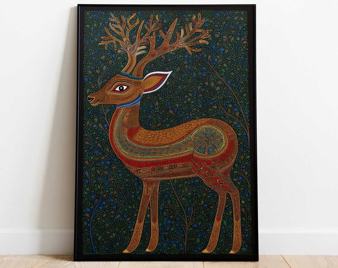 Indian Deer Gond Painting, Vintage Folk Art Print