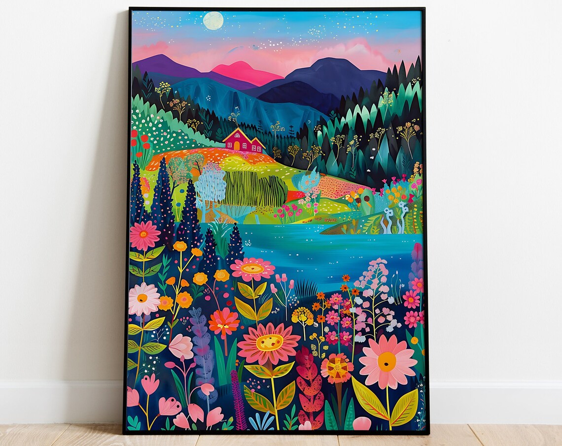 Pink House Hillside Lake Meadow Sunset Mountain Floral Art Poster