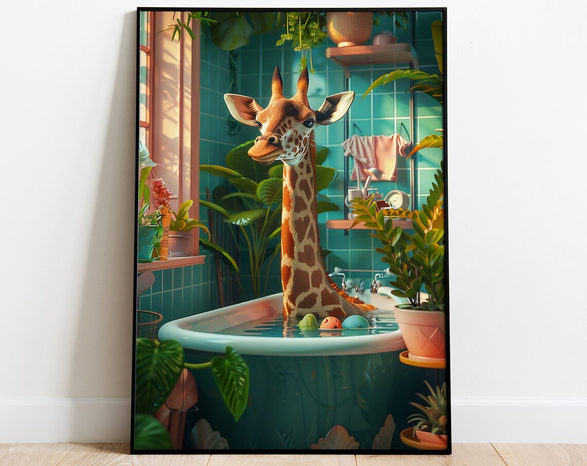 Giraffe Relaxing in a Bathtub Funny Tropical Bathroom Art Poster