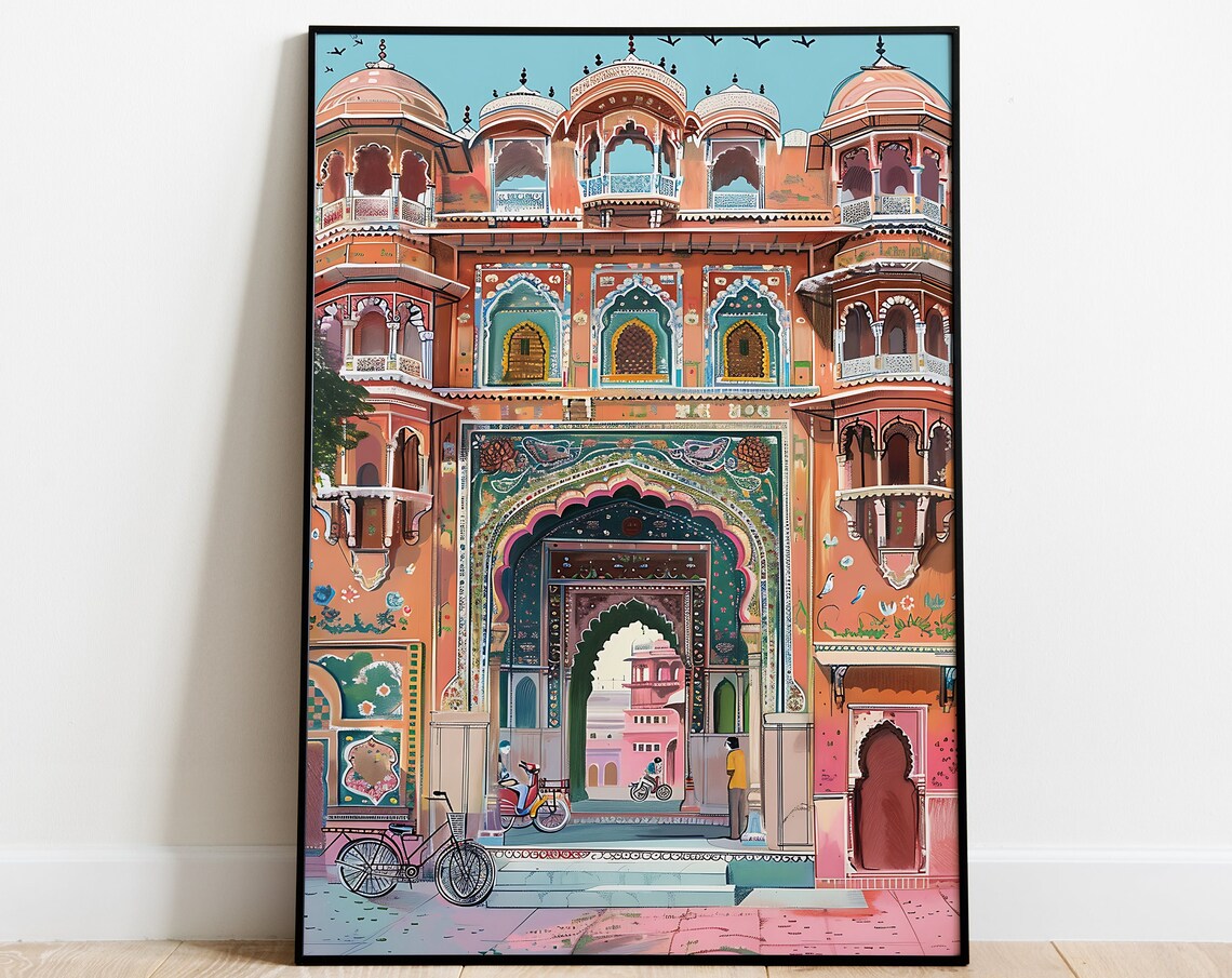 Jaipur Pink City Palace Gate Artwork Colorful Indian Travel Poster